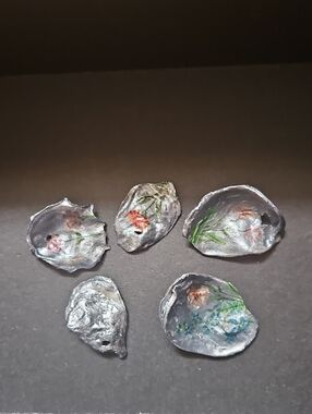 Hand Painted & Decopaged Floral Design Oyster Shell  Ornament Set.